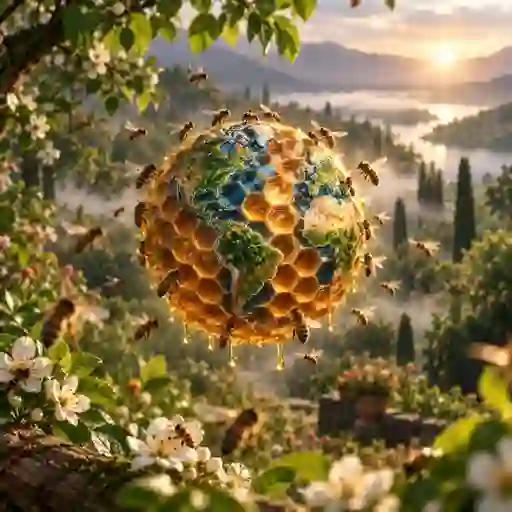 Illustration of Earth with a honeycomb pattern, suggesting shared care for our common home