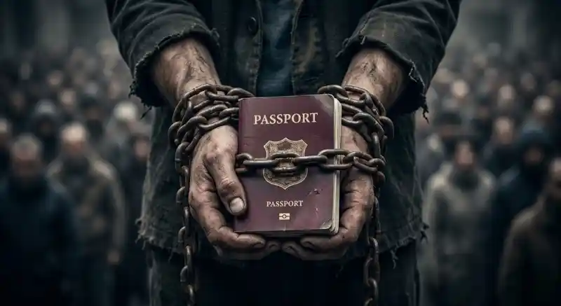 Close-up of weathered hands bound by heavy iron chains, tightly holding a generic passport against a blurred background of a somber, grey crowd.